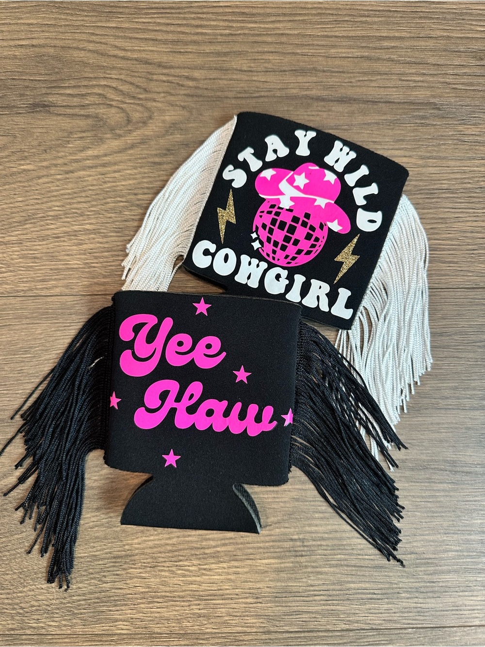 Western Pink White & Black Can Cooler Set with Hot Pink and White Fringe